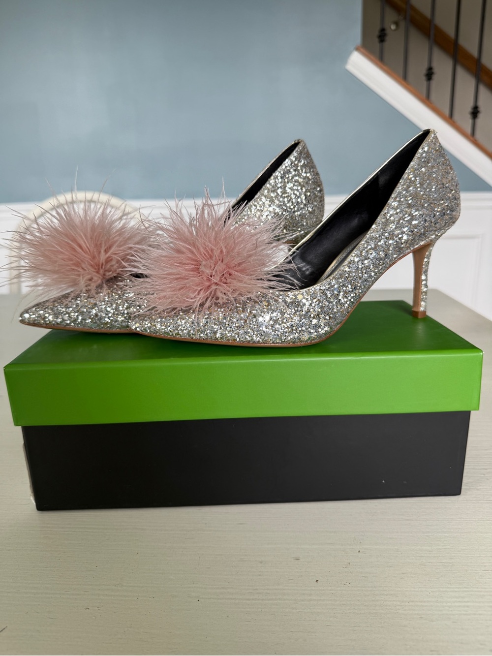 Kate Spade Marabou Pumps - Silver Glitter Pink Puff - Size 6.5